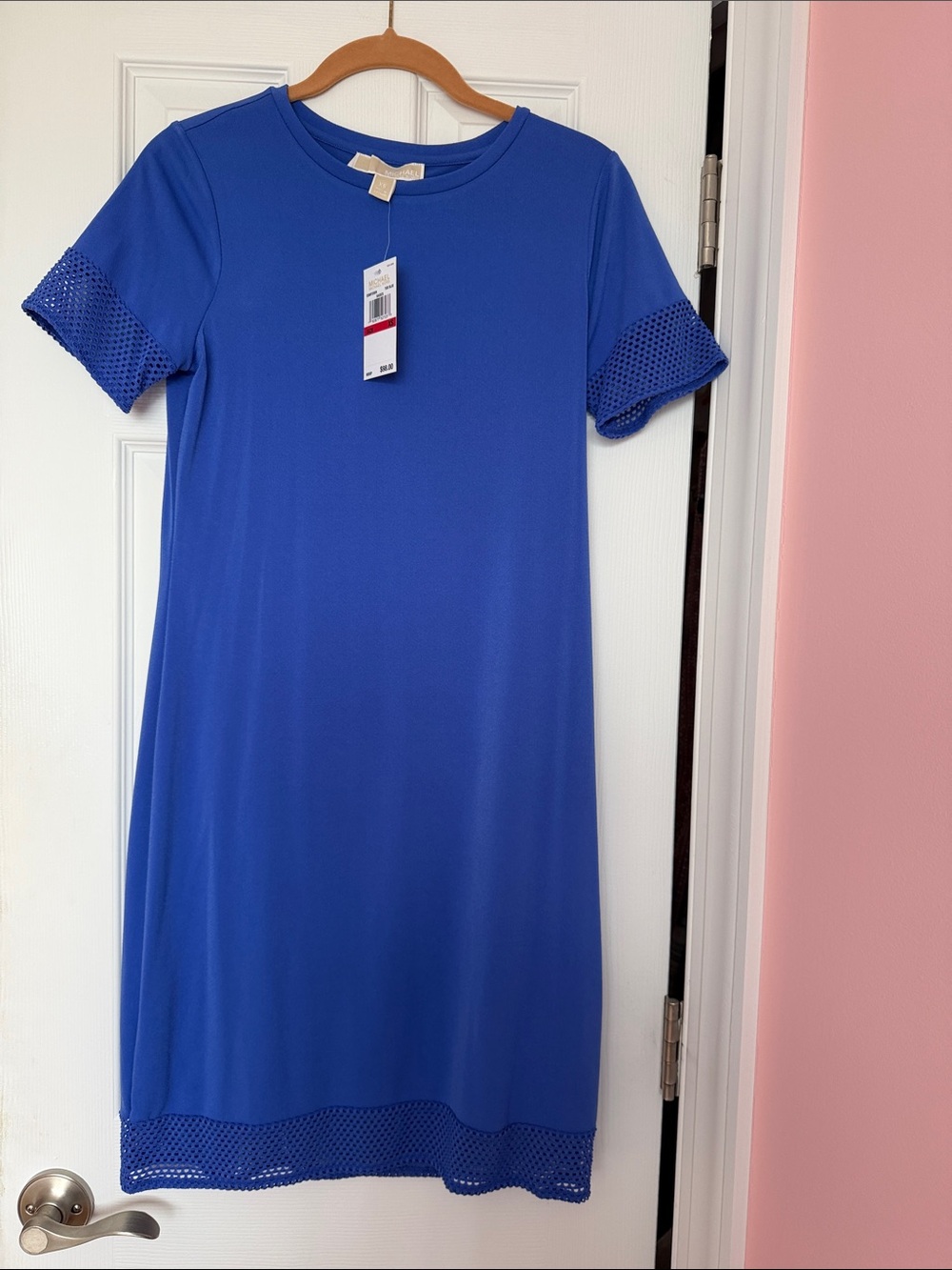 Michael Kors Cobalt Short-Sleeve Crewneck Dress with Mesh Trim